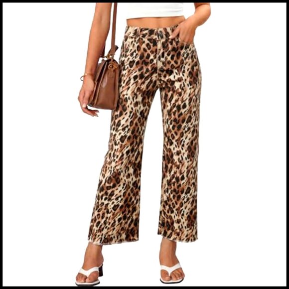Animal Print Wide Leg High Waisted Jeans Tummy Control Cropped Raw Hem - Picture 2 of 7